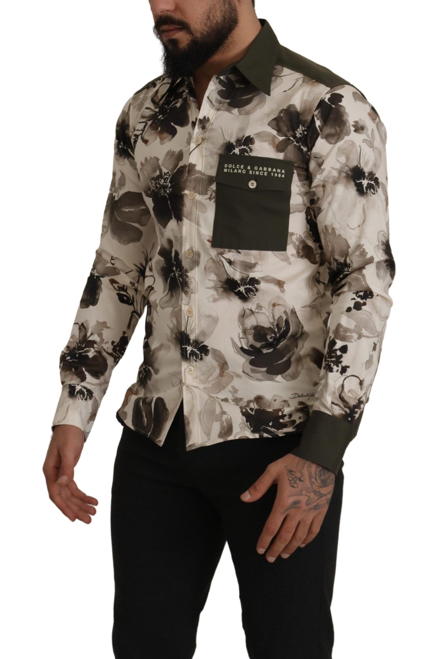 Dolce & Gabbana Grönbeige Blommig Bomulls Stretch Exklusiv Skjorta