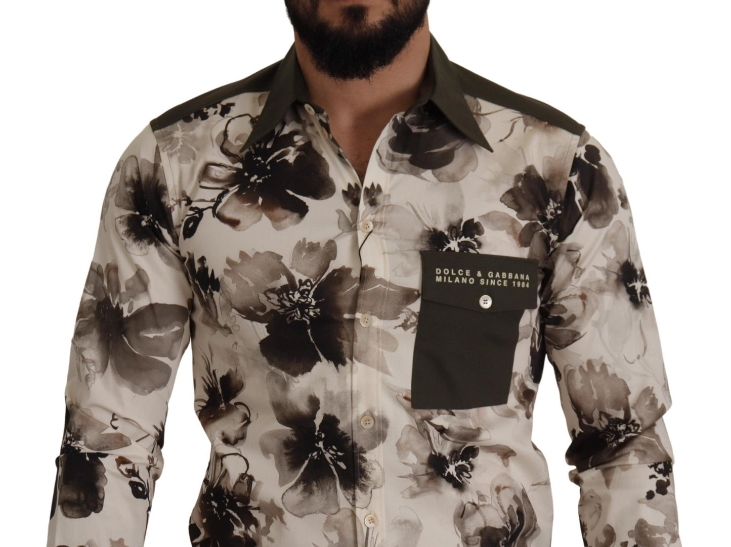 Dolce & Gabbana Grönbeige Blommig Bomulls Stretch Exklusiv Skjorta
