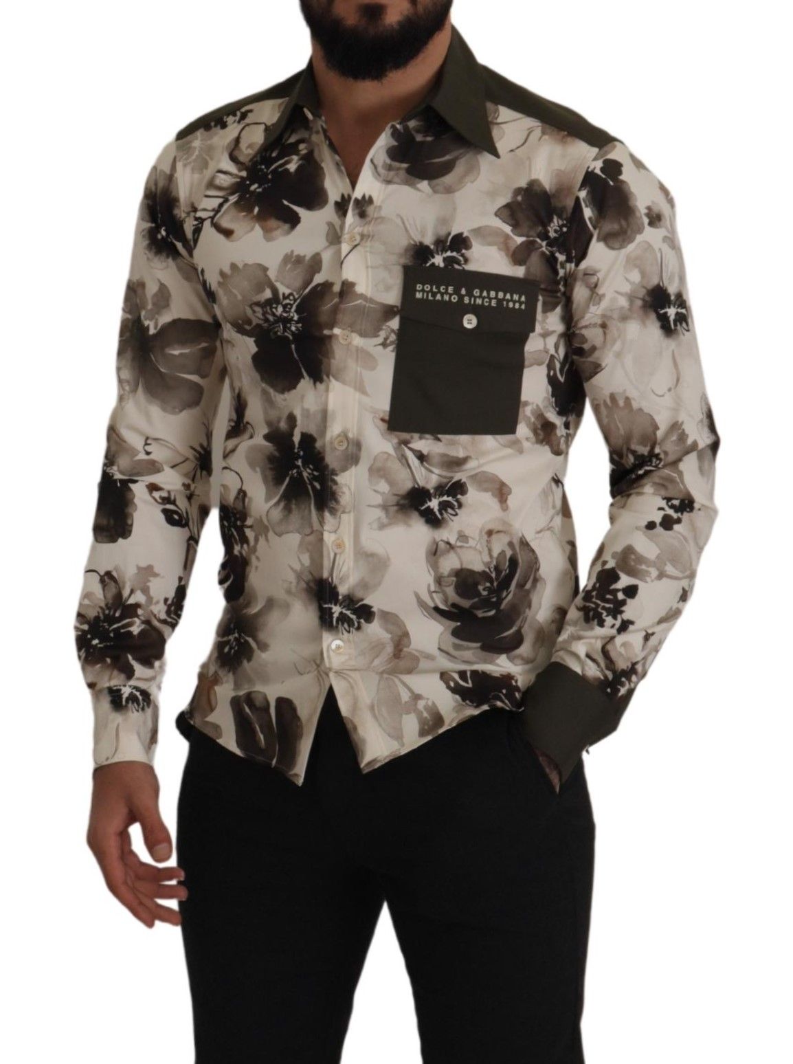Dolce & Gabbana Grönbeige Blommig Bomulls Stretch Exklusiv Skjorta