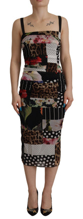 Dolce & Gabbana Flerfarget Pawwork Midi Blomster Silke Leopard Bodycon Kjole