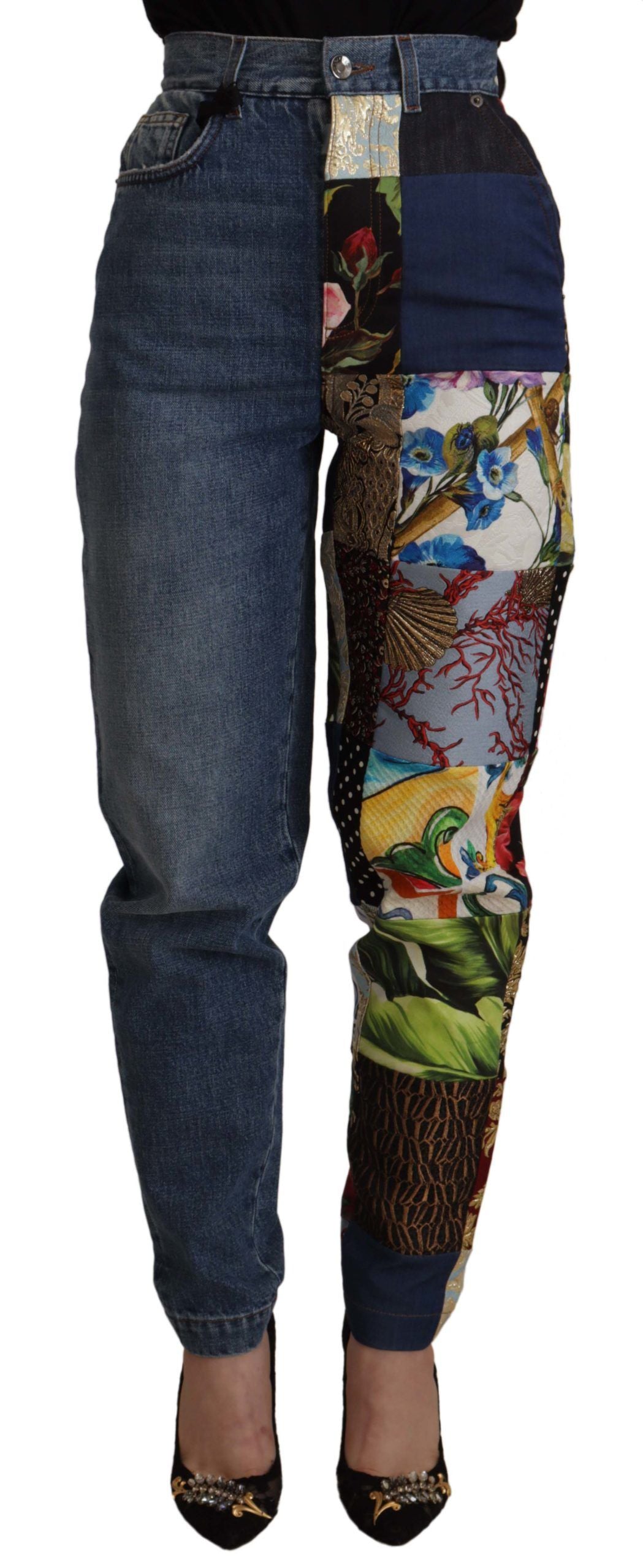 Blå jeans med jacquard-majolica-bukser med høy midje