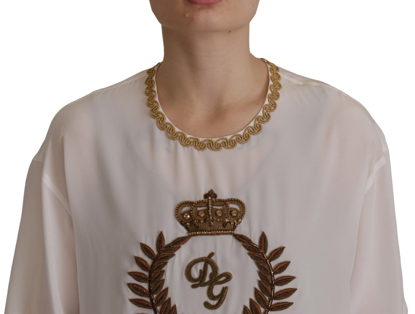 Dolce & Gabbana Vit Siden Guld DG Krona Kristall Blus Topp