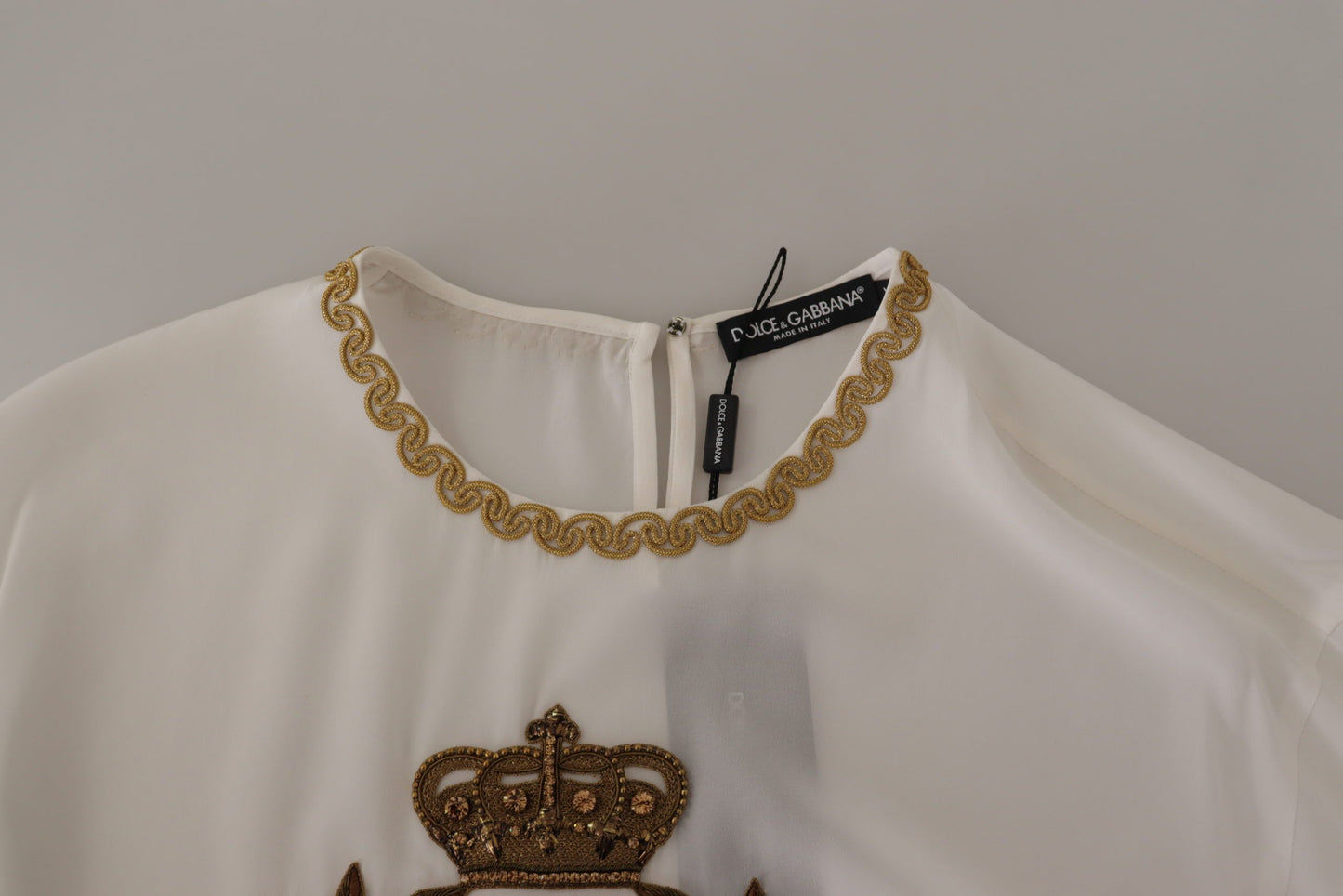 Dolce & Gabbana Vit Siden Guld DG Krona Kristall Blus Topp