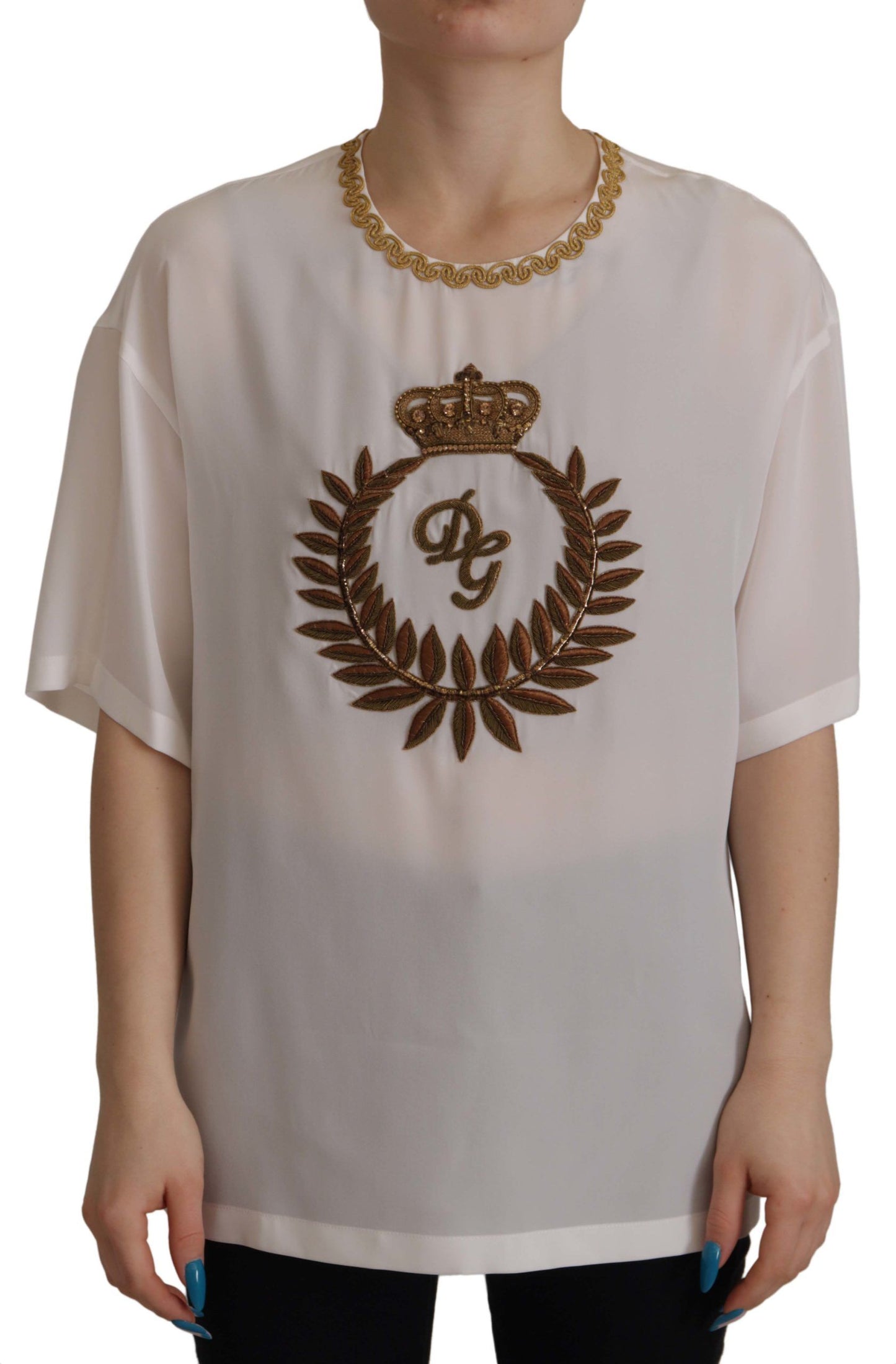 Dolce & Gabbana Vit Siden Guld DG Krona Kristall Blus Topp