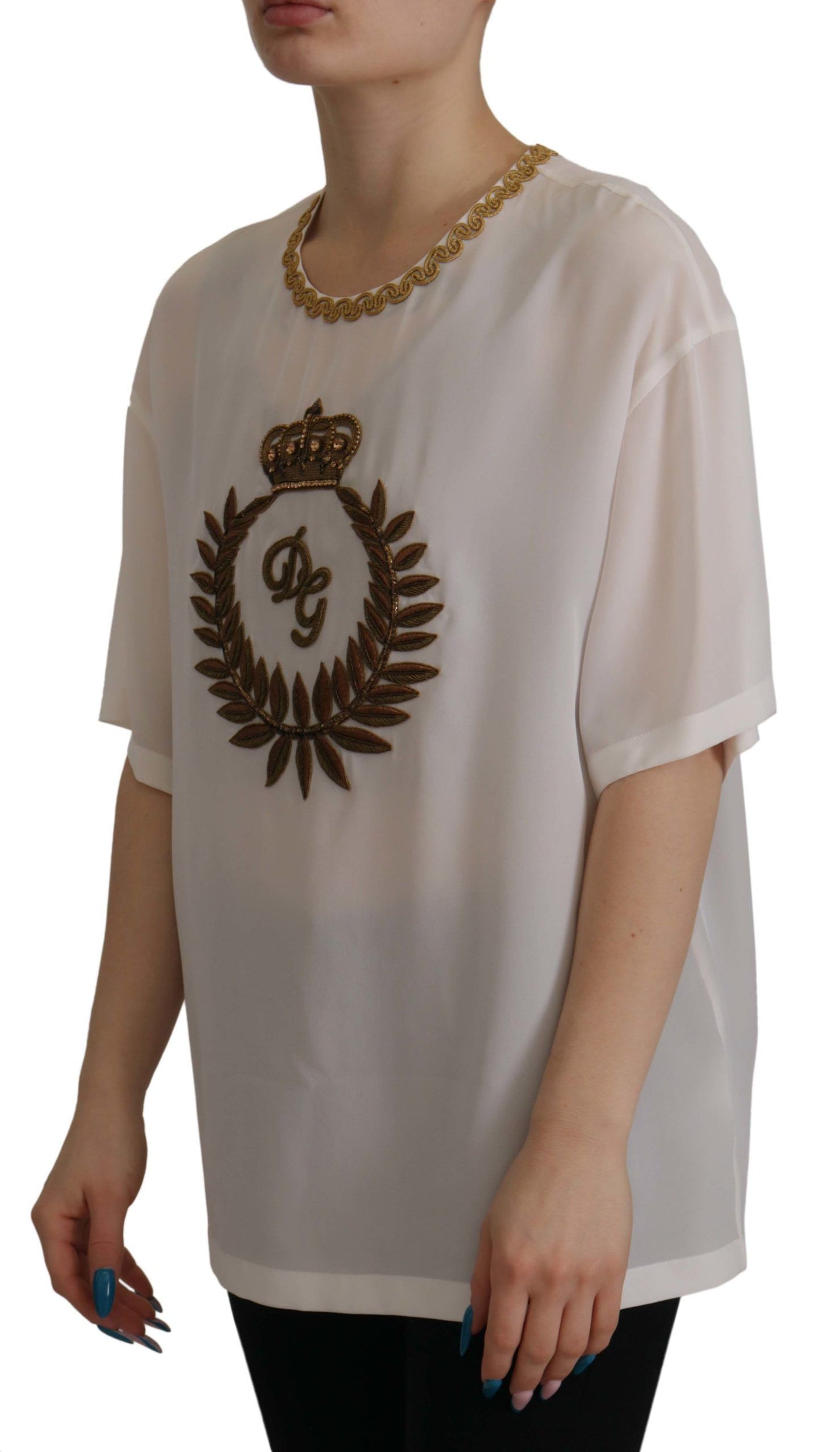 Dolce & Gabbana Vit Siden Guld DG Krona Kristall Blus Topp