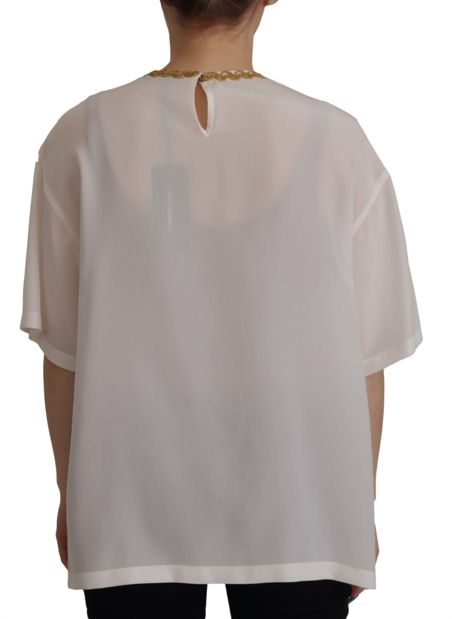 Dolce & Gabbana Vit Siden Guld DG Krona Kristall Blus Topp