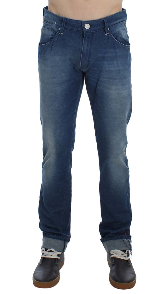 Acht Blå Tvättade Denim Bomull Stretch Slim Fit Jeans