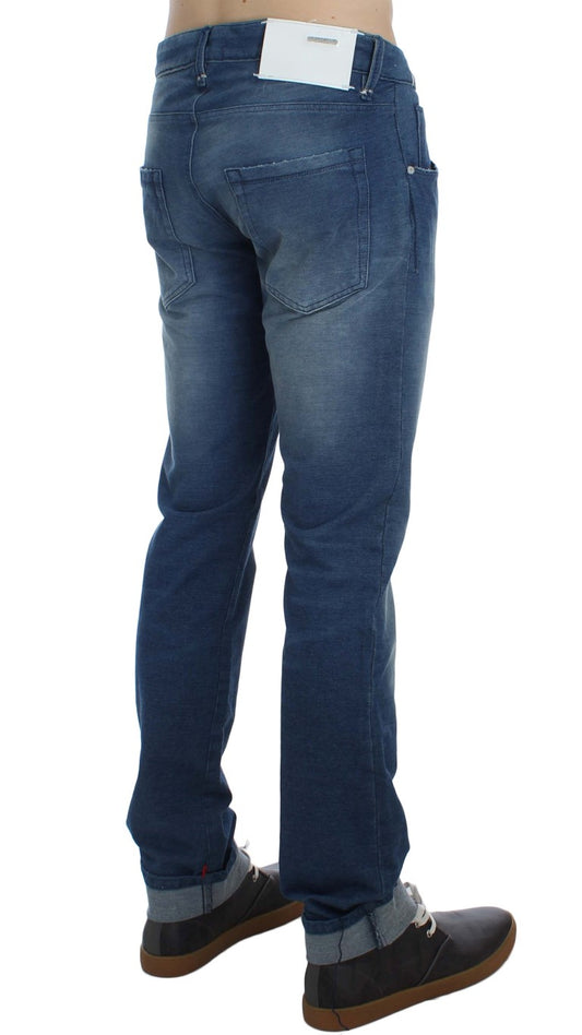 Acht Blå Tvättade Denim Bomull Stretch Slim Fit Jeans