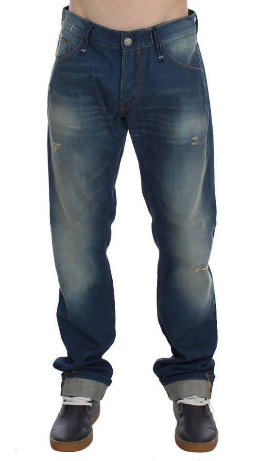 Acht Blå Tvättade Denim Bomull Stretchiga Baggy Jeans
