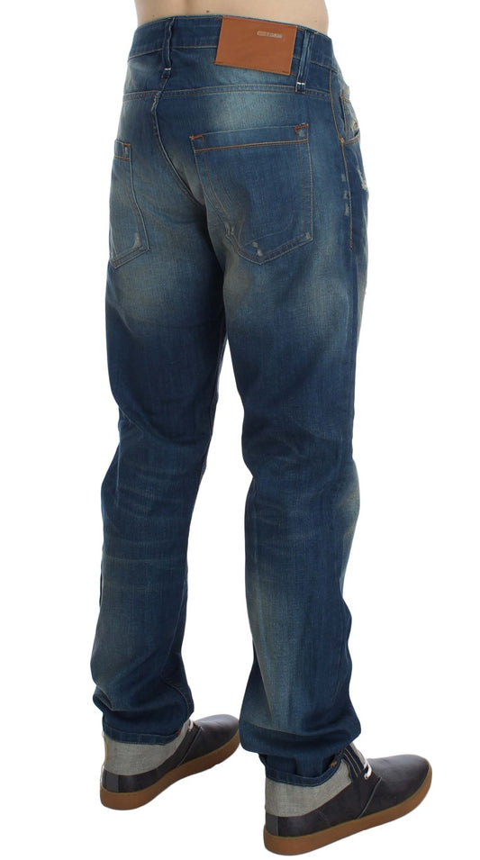 Acht Blå Tvättade Denim Bomull Stretchiga Baggy Jeans