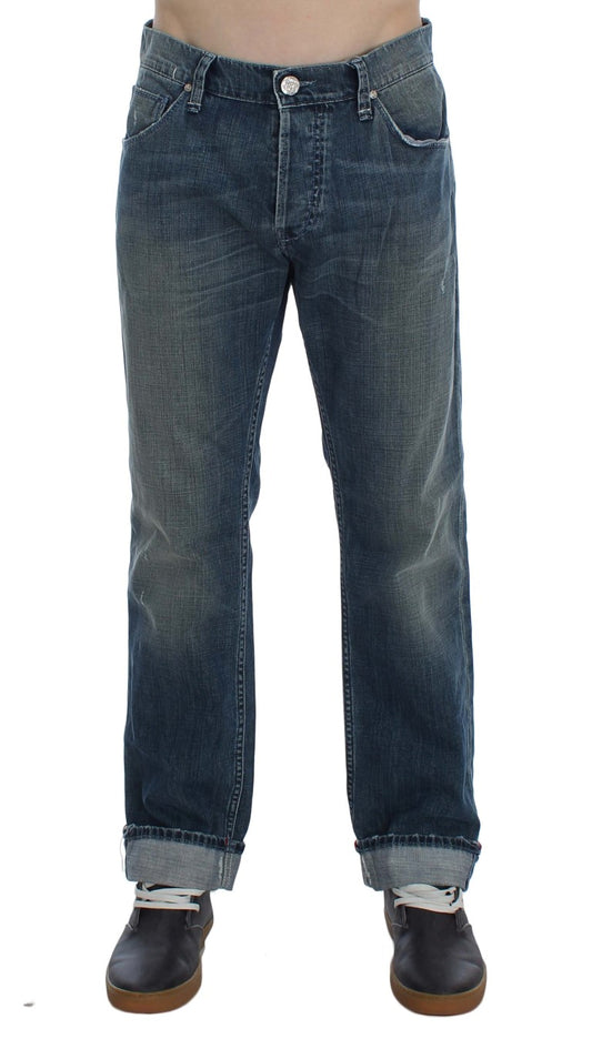 Acht Blå Tvättade Bomullsdenimjeans Regular Fit
