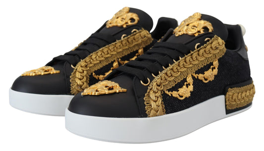 Dolce & Gabbana svarte gull barokke Portofino skinnsneakers