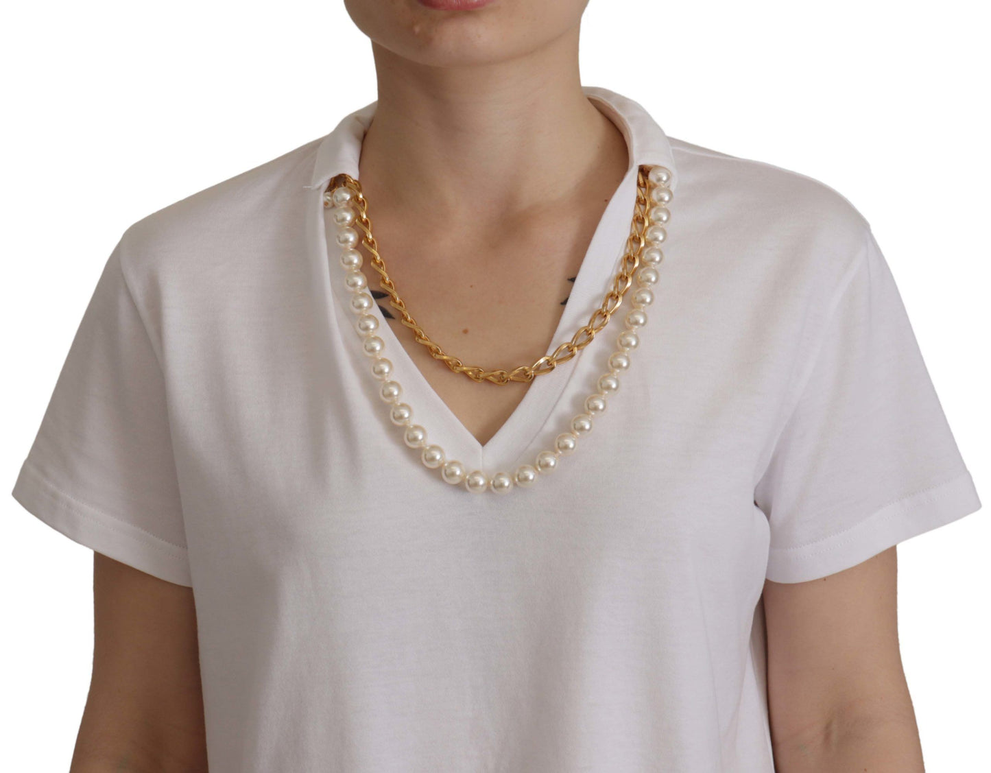 Dolce & Gabbana Vit Halsband Utsmyckad Halsringning T-shirt Topp