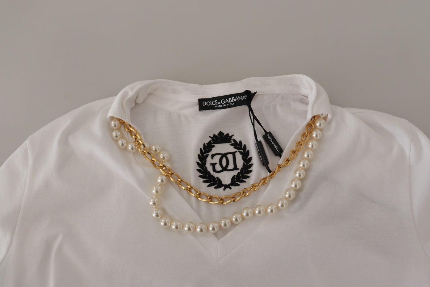 Dolce & Gabbana Vit Halsband Utsmyckad Halsringning T-shirt Topp