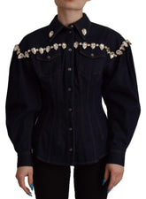 Dolce & Gabbana Blå Denim Krystallpyntet Bomullsjakke