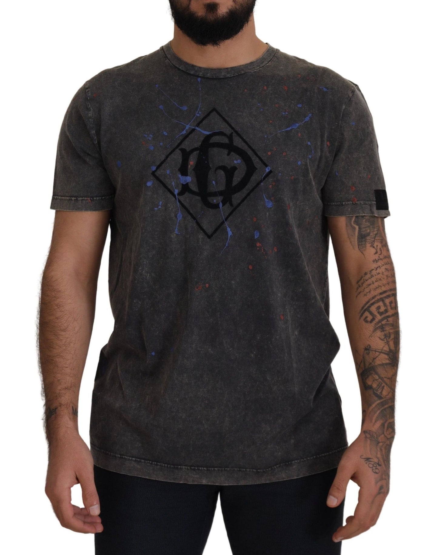Dolce & Gabbana Grå T-shirt med missfärgad effekt och DG-logotyp