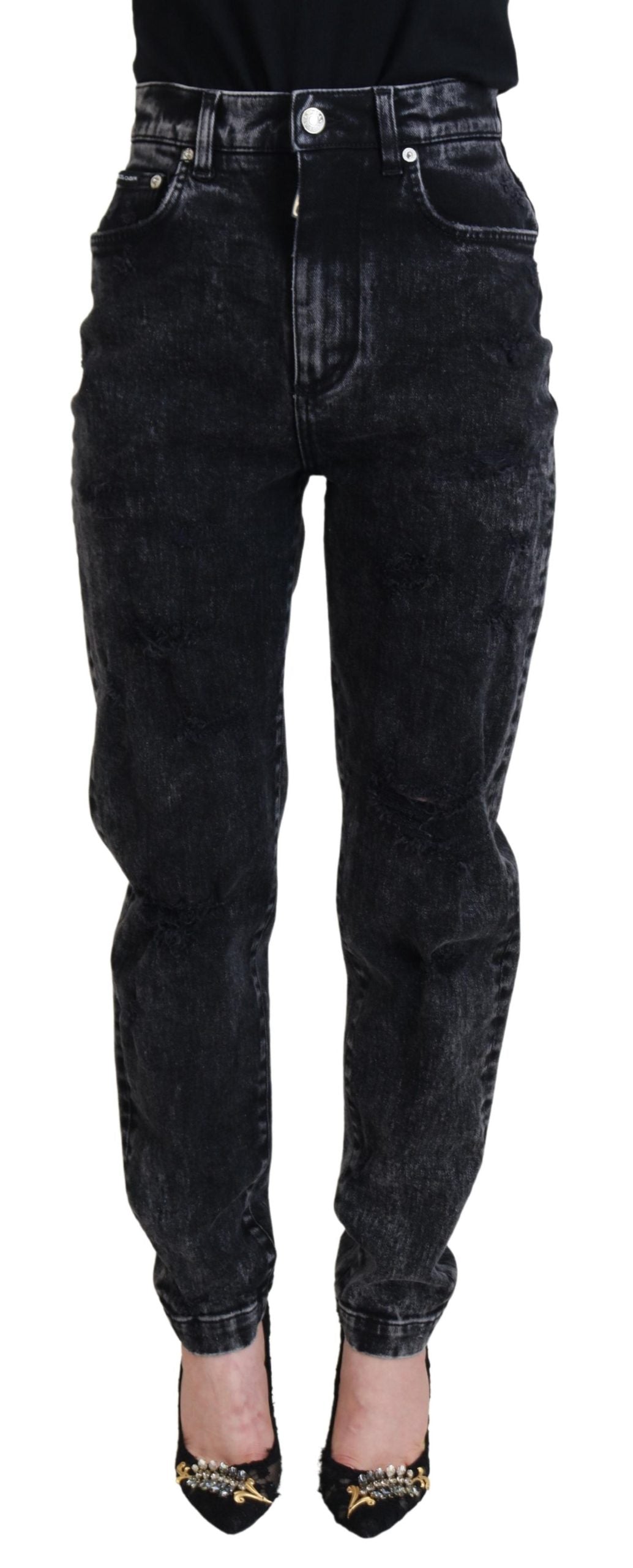 Svarta tvättade bomullsjeans med hög midja