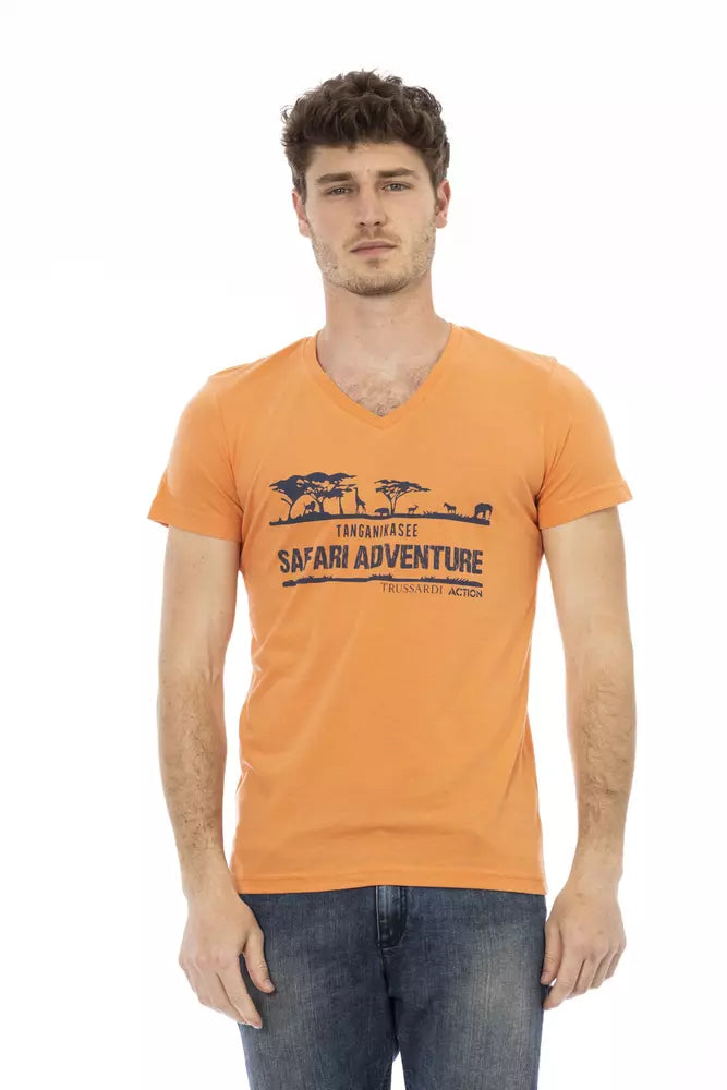 Trussardi Action Orange bomulls-T-shirt med V-ringning för män