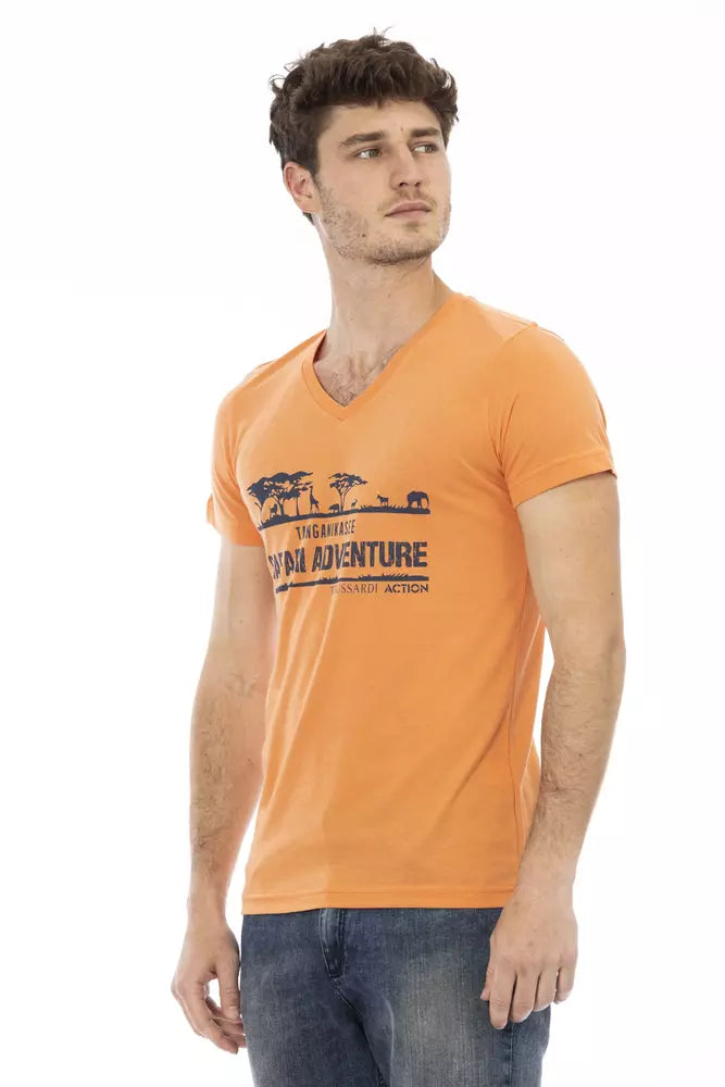 Trussardi Action Orange bomulls-T-shirt med V-ringning för män