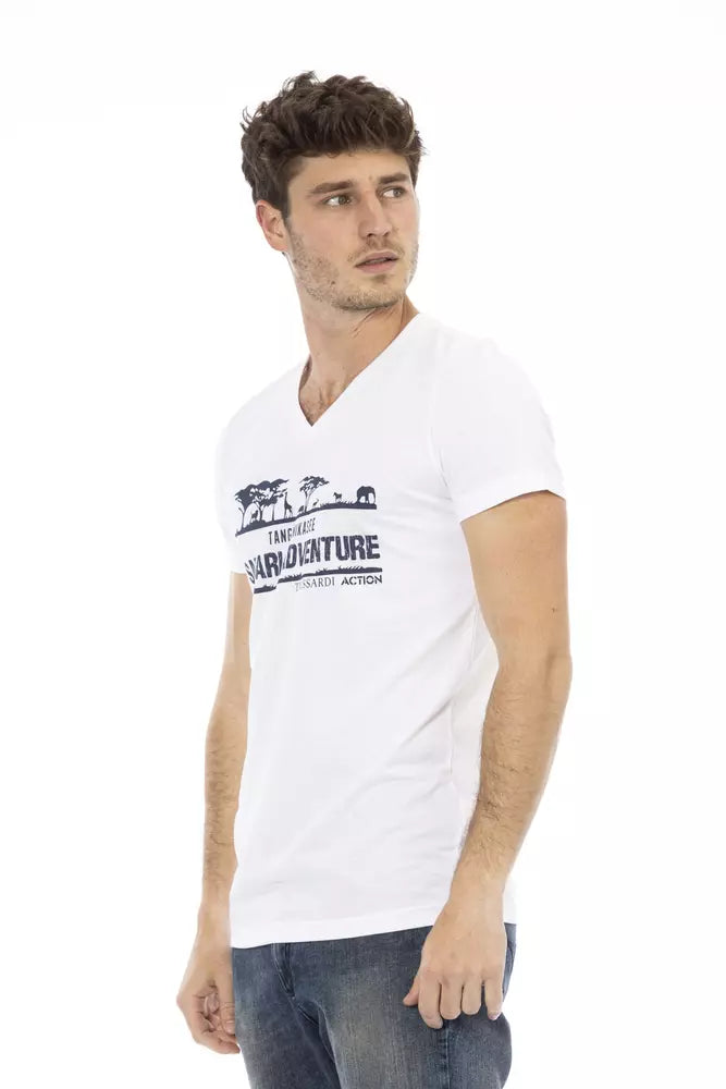 Trussardi Action Vit bomulls-T-shirt med V-ringning för män