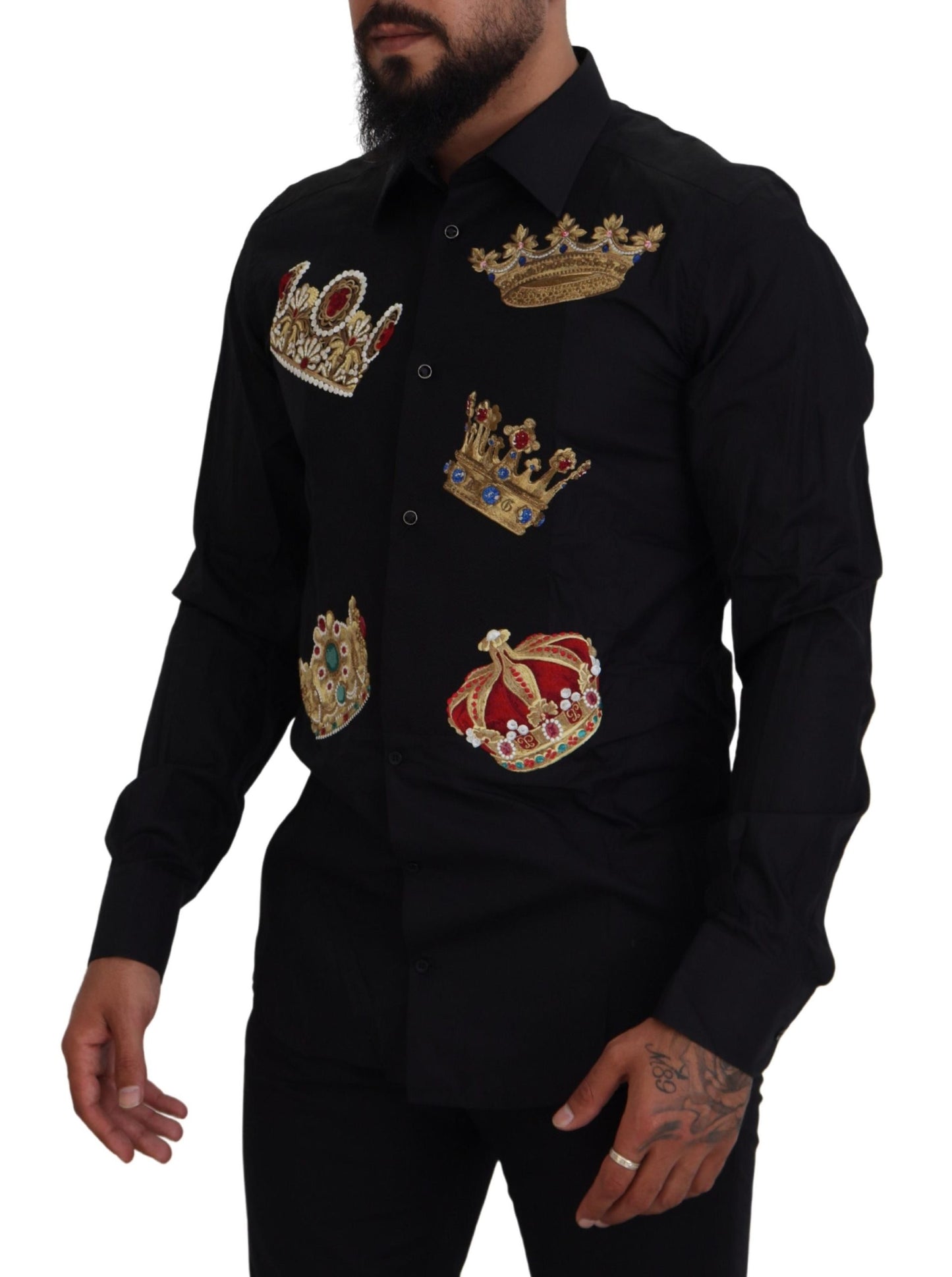 Dolce & Gabbana Svart Guld Krona Slim Fit Klädskjorta