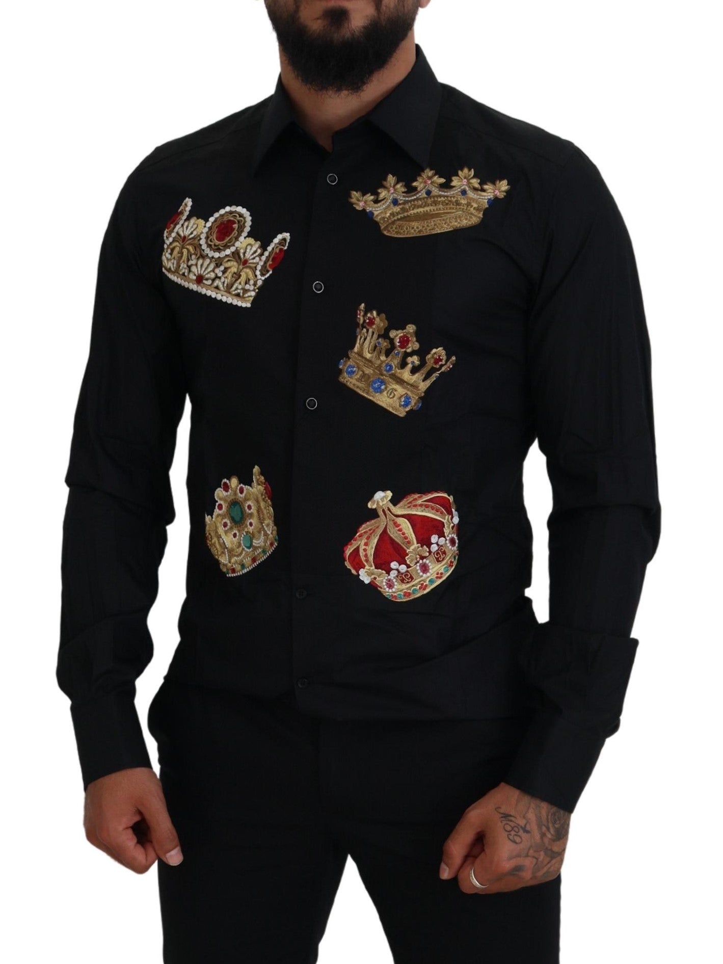 Dolce & Gabbana Svart Guld Krona Slim Fit Klädskjorta