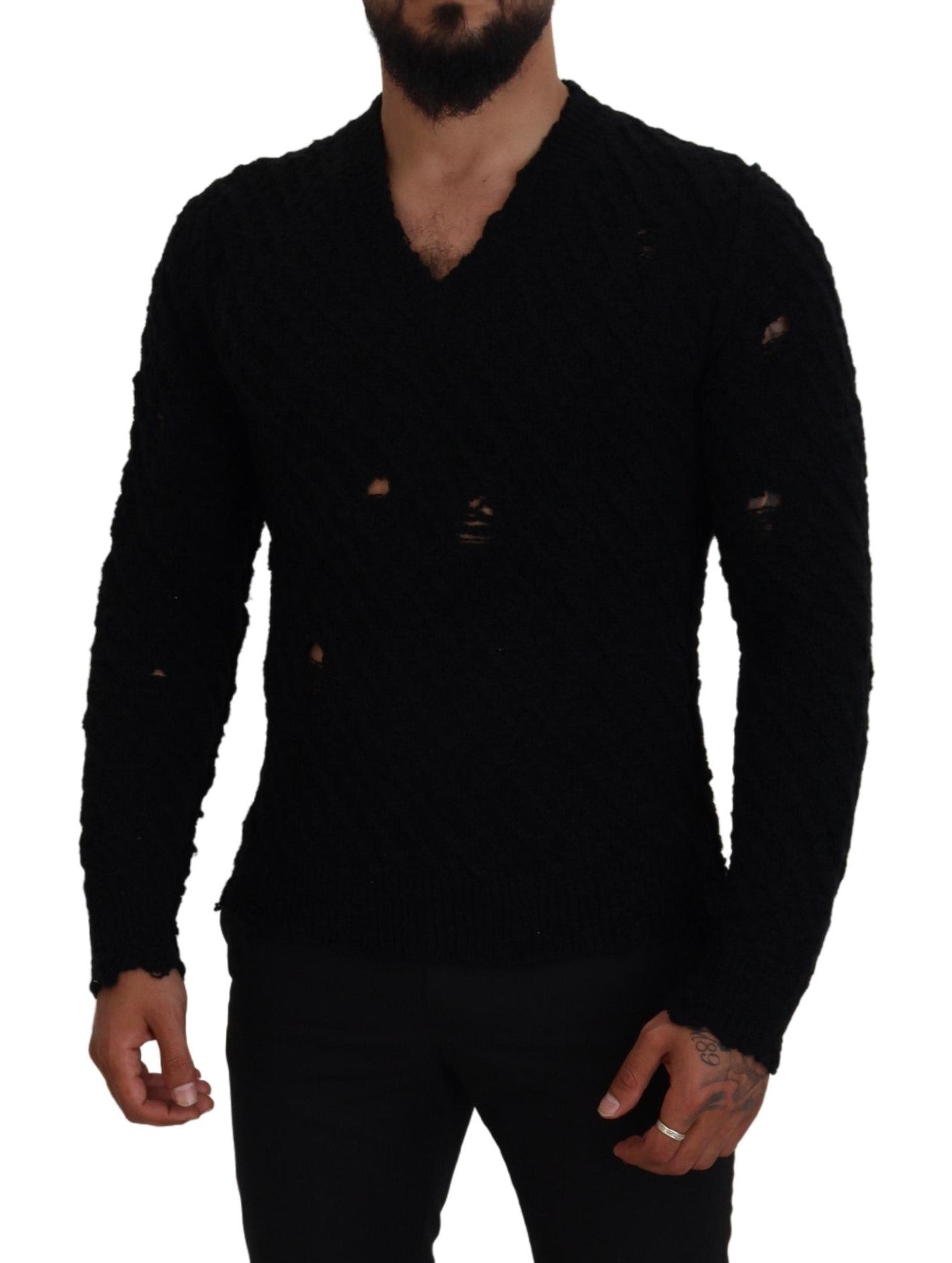 Dolce & Gabbana Svart Ull V-ringad Stickad Pullovertröja