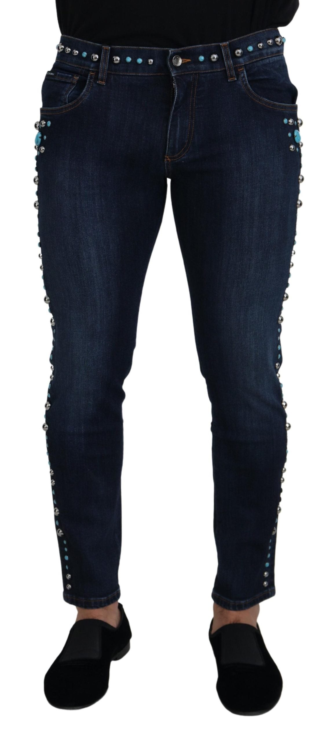 Dolce & Gabbana Blå Bomullsnitar Låg Midja Jeans