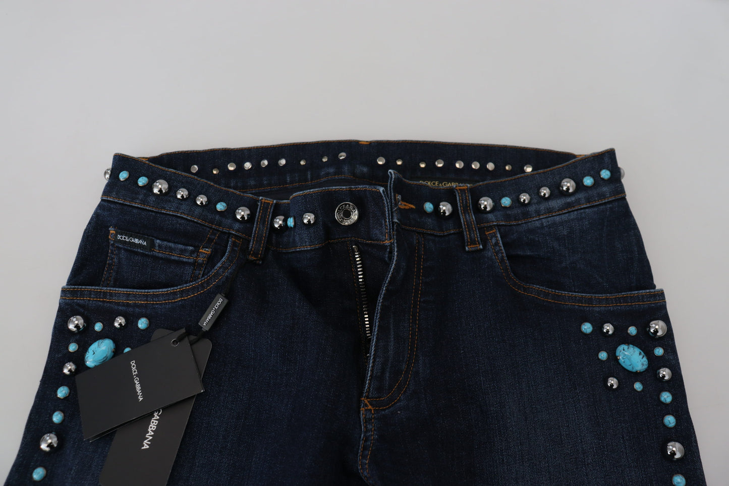 Dolce & Gabbana Blå Bomullsnitar Låg Midja Jeans