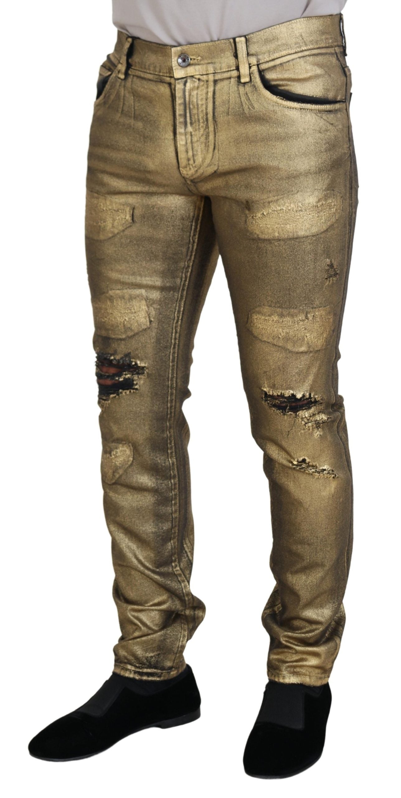 Dolce & Gabbana Gullfargede Bomullsfilete Skinny Herre Denim Jeans