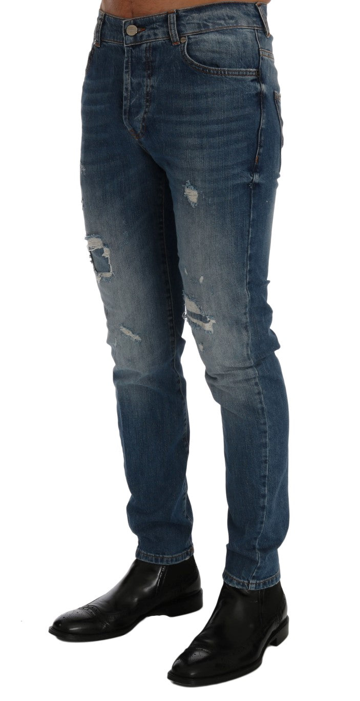 Frankie Morello Blåvaskede Slim Fit Jeans i Dunfermile med revnede detaljer
