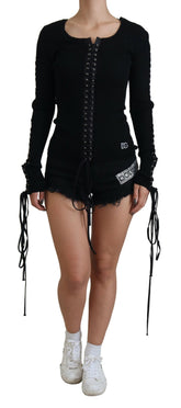 Dolce & Gabbana Black Wool Knitted Tie Up Slim Fit Sweater