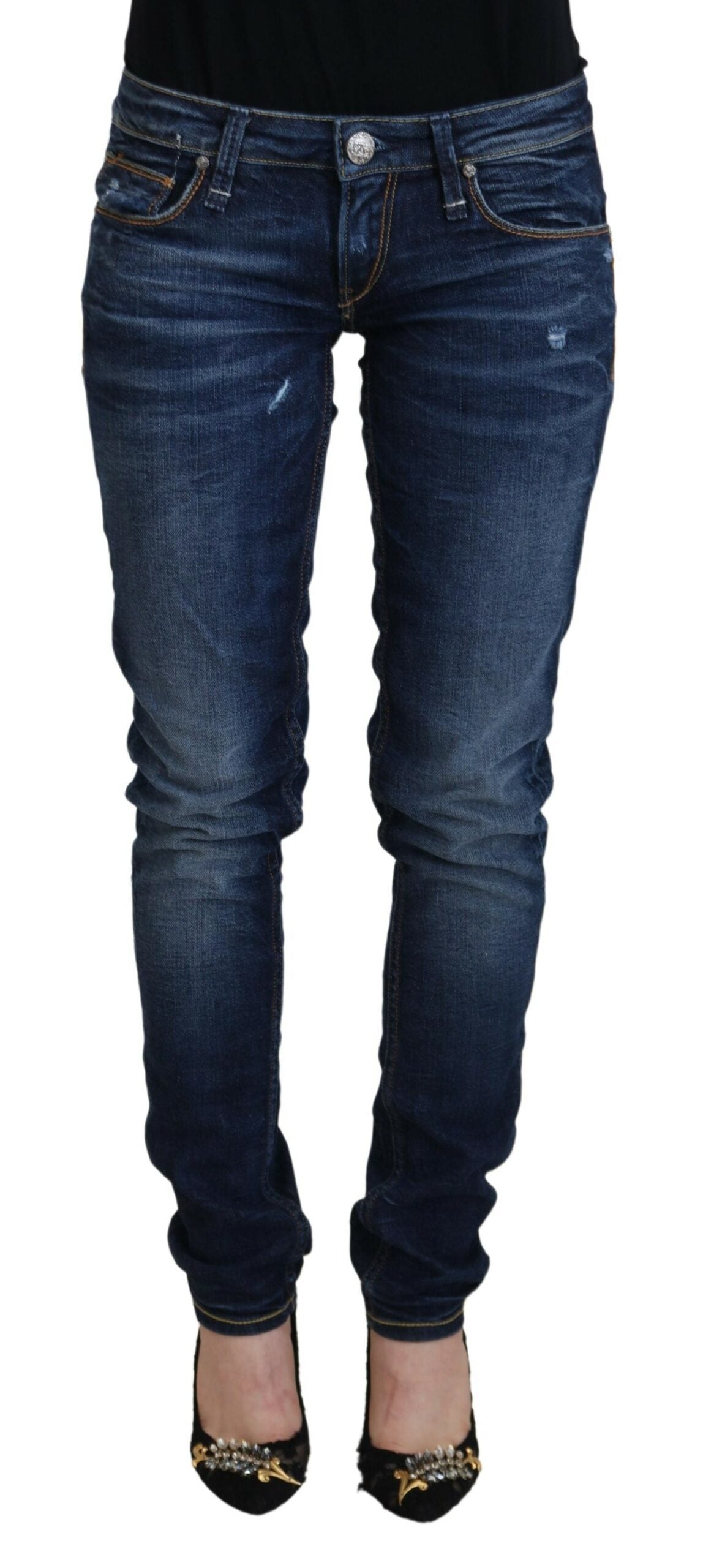 Blå tvättade bomullsjeans med låg midja för kvinnor
