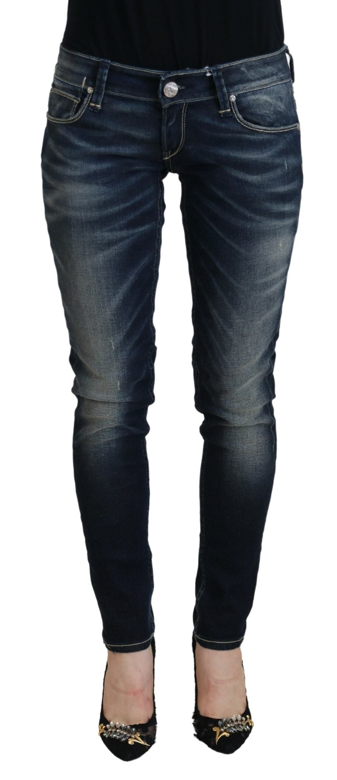 Blå tvättade bomulls slim fit-jeans för kvinnor