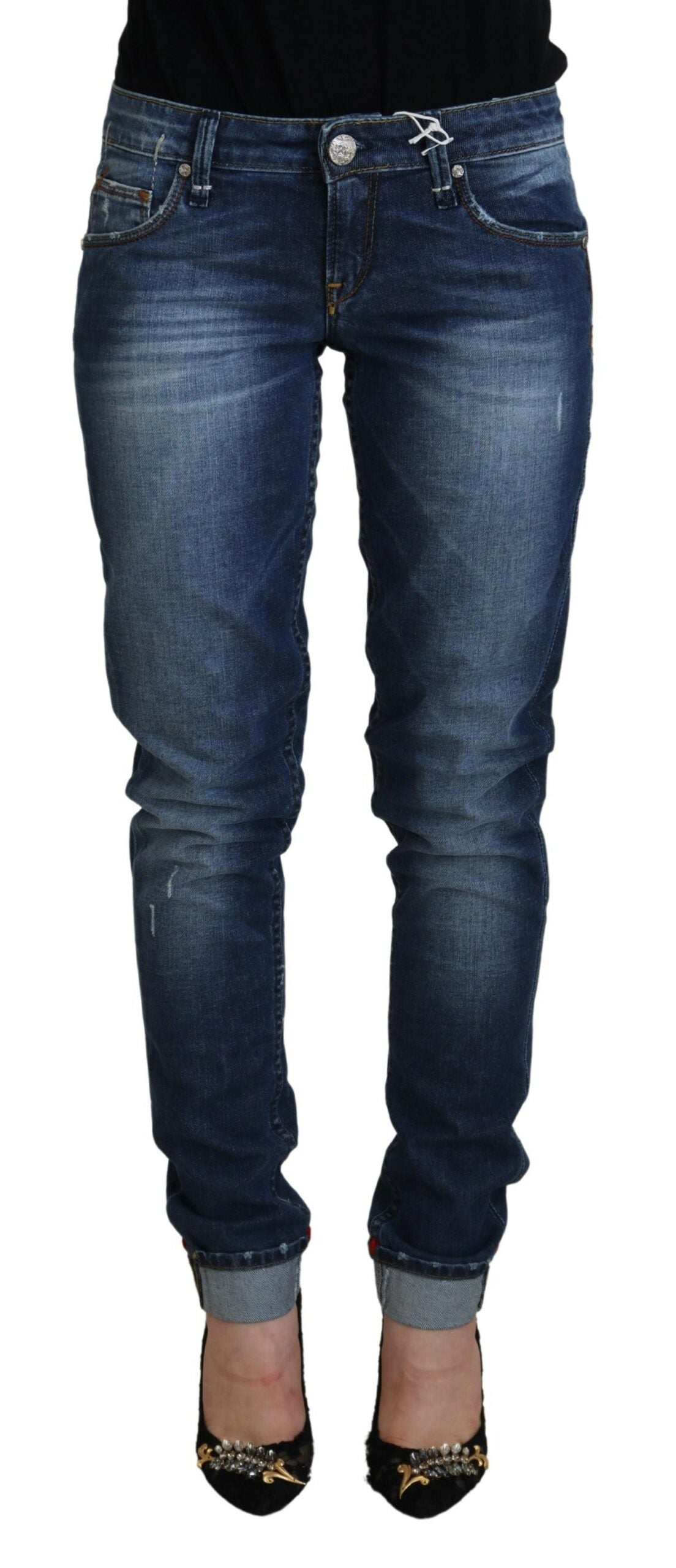 Blå tvättade bomulls slim fit-jeans för kvinnor