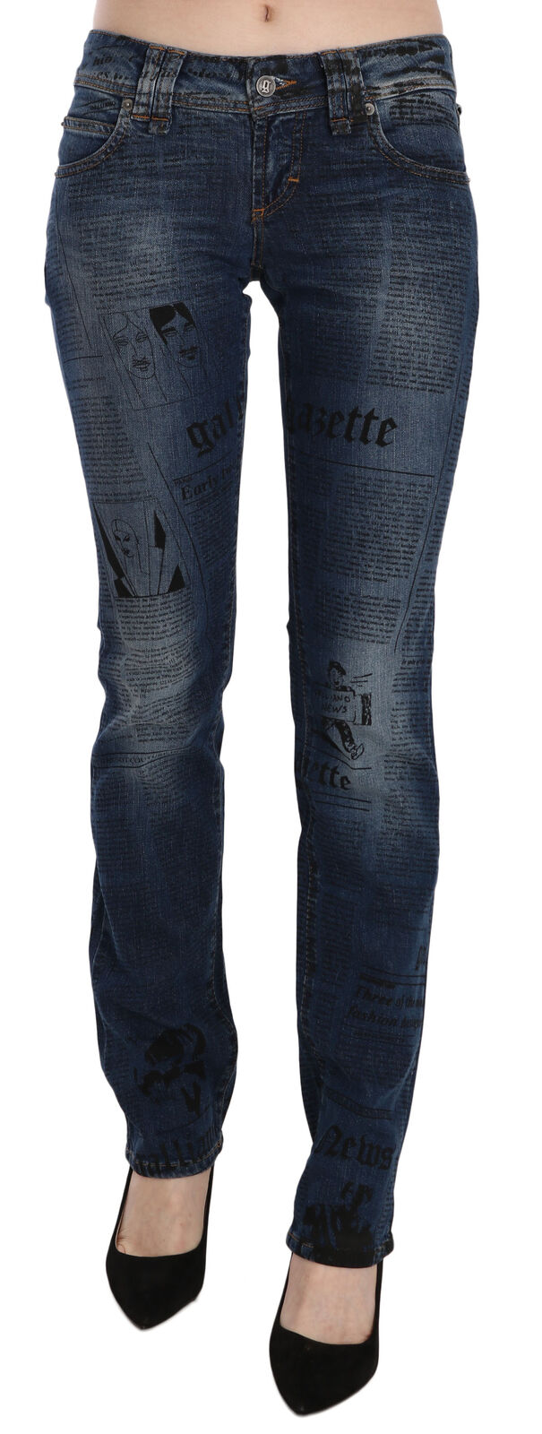 Blå tidningstryckta skinny jeansbyxor med låg midja
