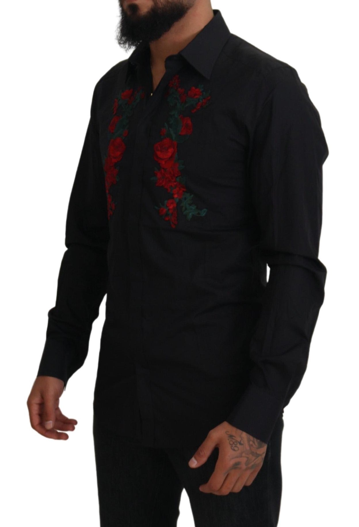 Dolce & Gabbana Svart Blommig Broderi Herr Långärmad GULD Skjorta