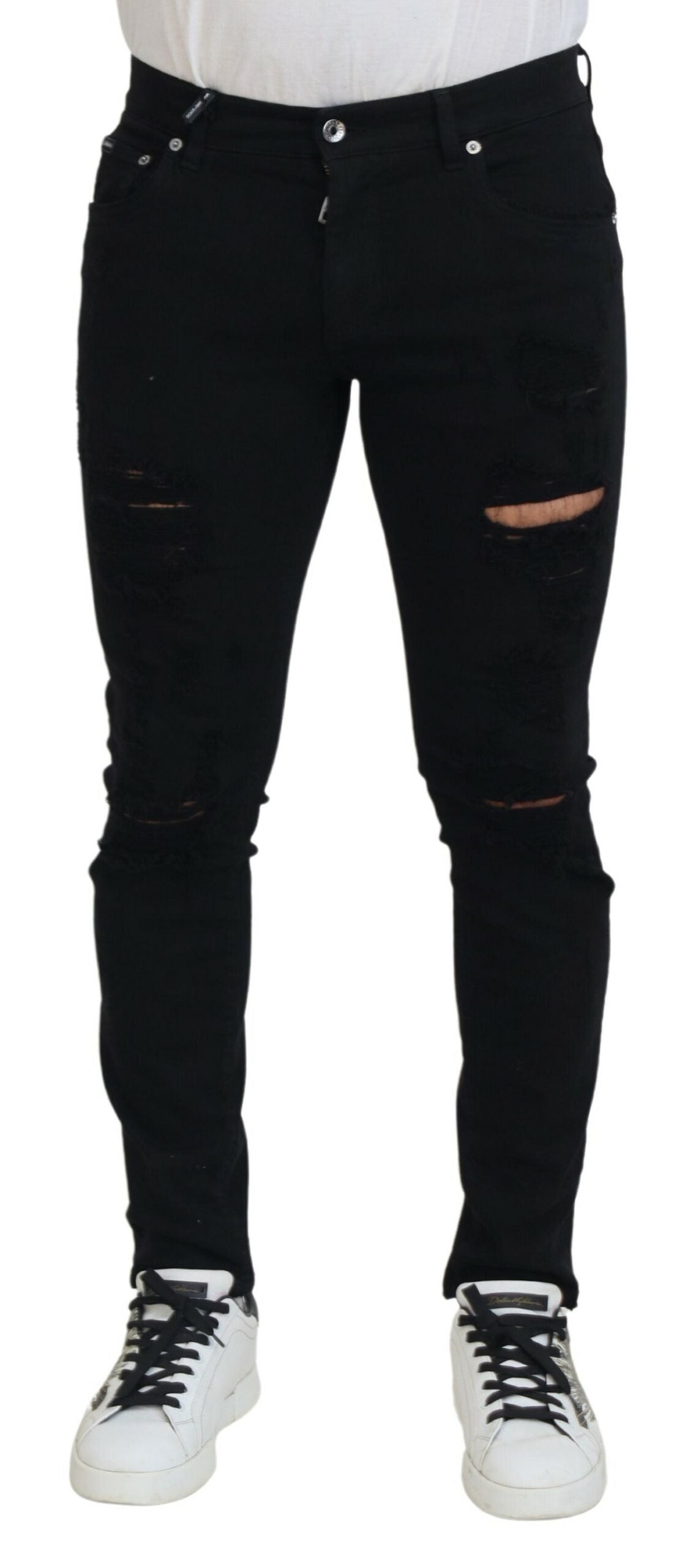 Dolce & Gabbana svarta slim fit slitna denimbomullsjeans