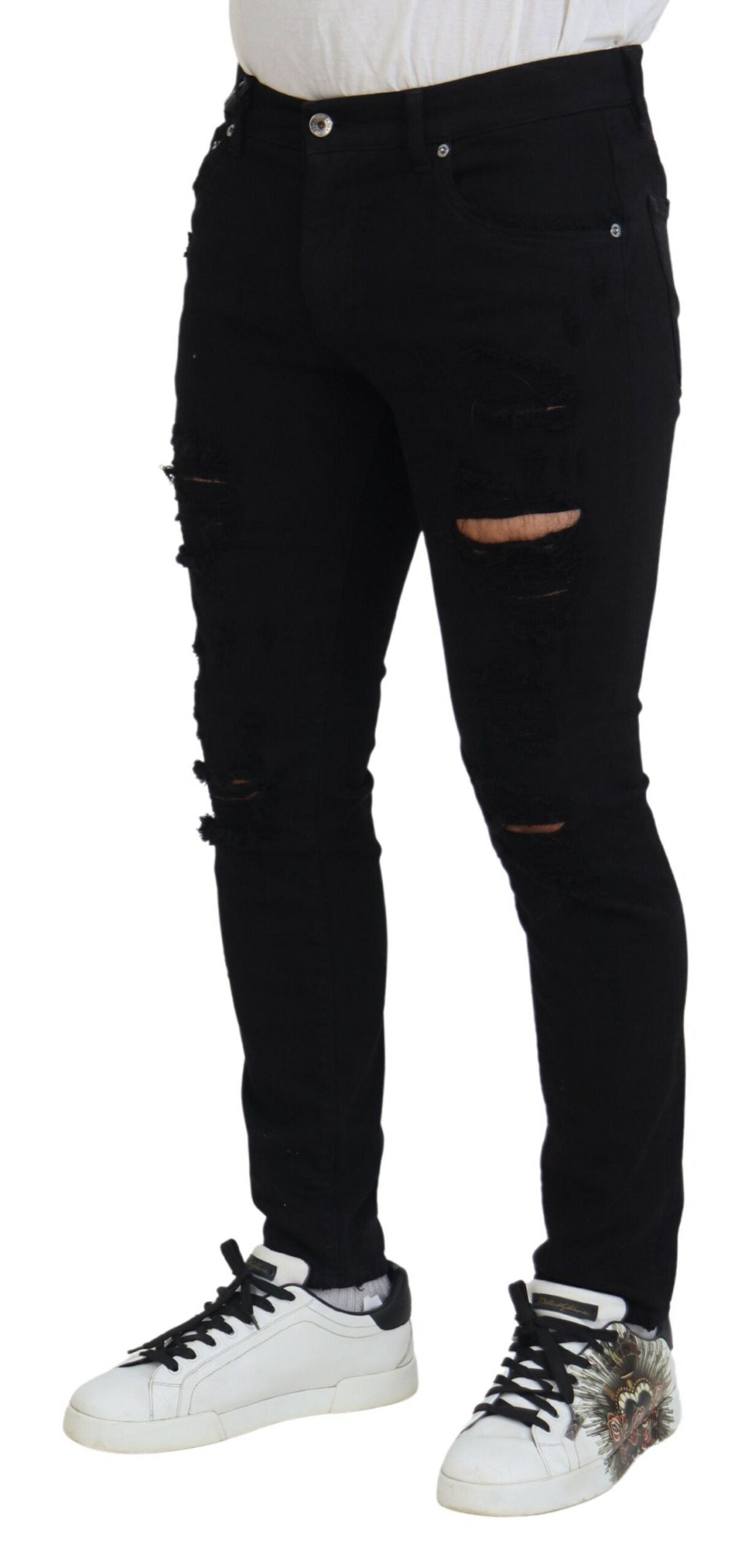 Dolce & Gabbana svarta slim fit slitna denimbomullsjeans