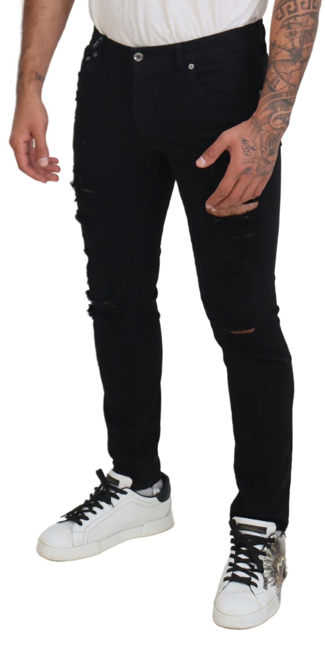 Dolce & Gabbana svarta slim fit slitna denimbomullsjeans