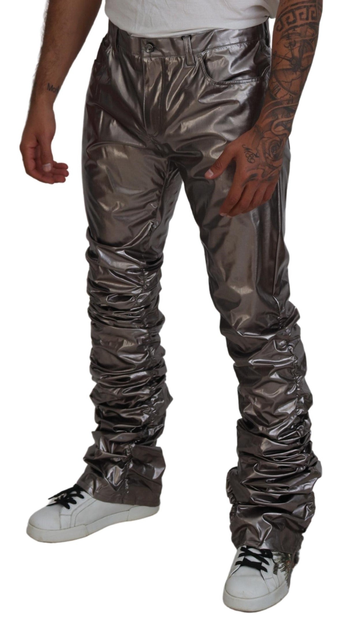 Dolce & Gabbana Silver Metallic Nylon Stretchbyxor