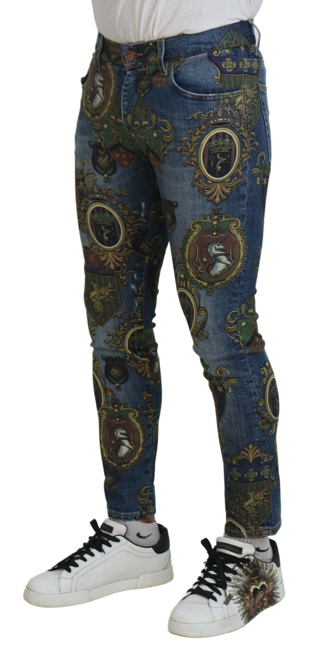 Dolce & Gabbana Blå Medaljtryck Slim Fit Bomullsjeans