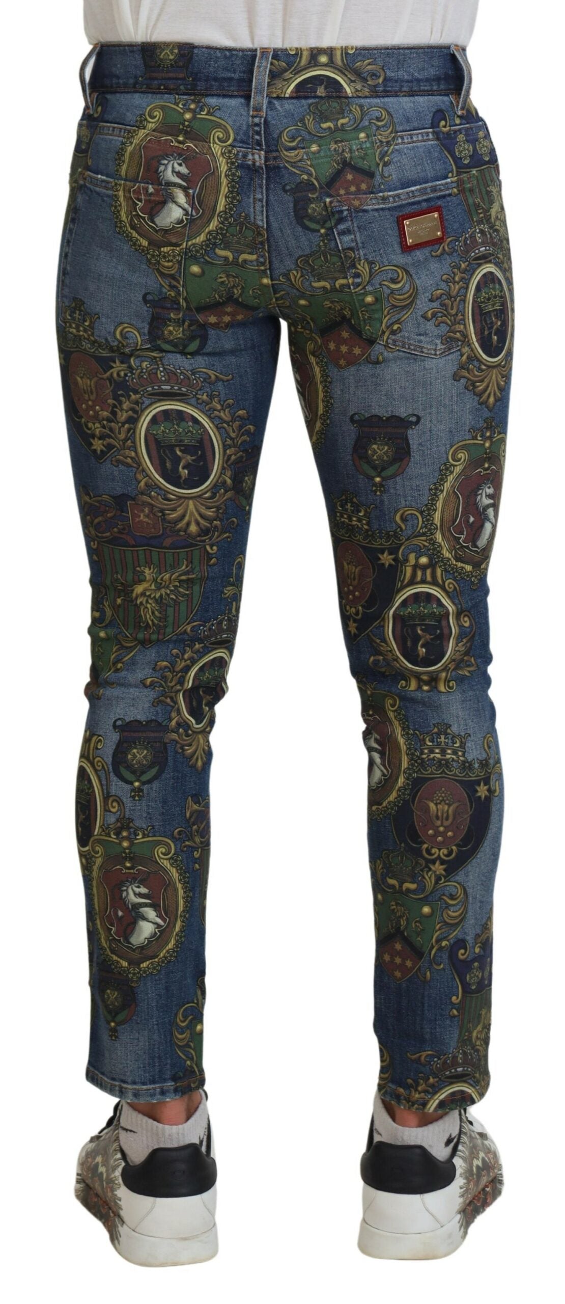 Dolce & Gabbana Blå Medaljtryck Slim Fit Bomullsjeans