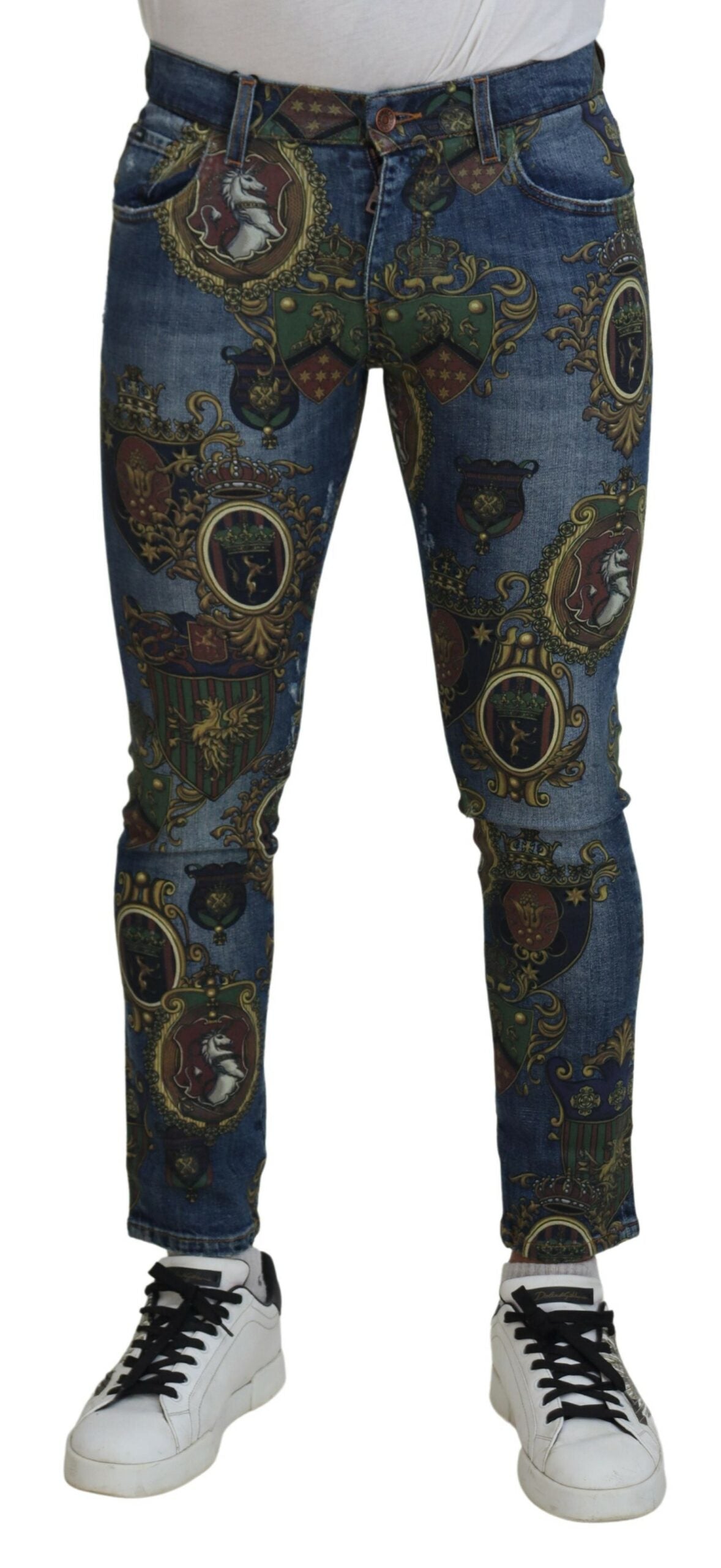 Dolce & Gabbana Blå Medaljtryck Slim Fit Bomullsjeans