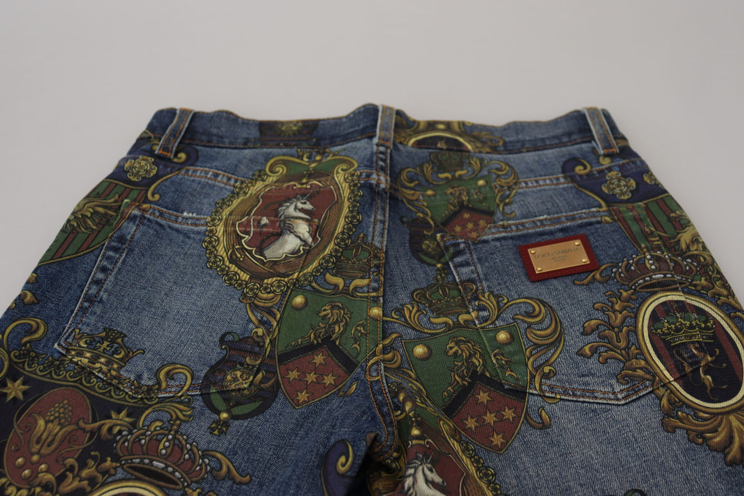 Dolce & Gabbana Blå Medaljtryck Slim Fit Bomullsjeans