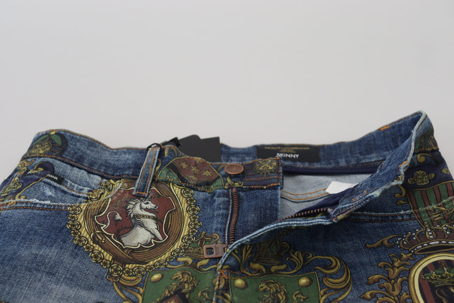 Dolce & Gabbana Blå Medaljtryck Slim Fit Bomullsjeans