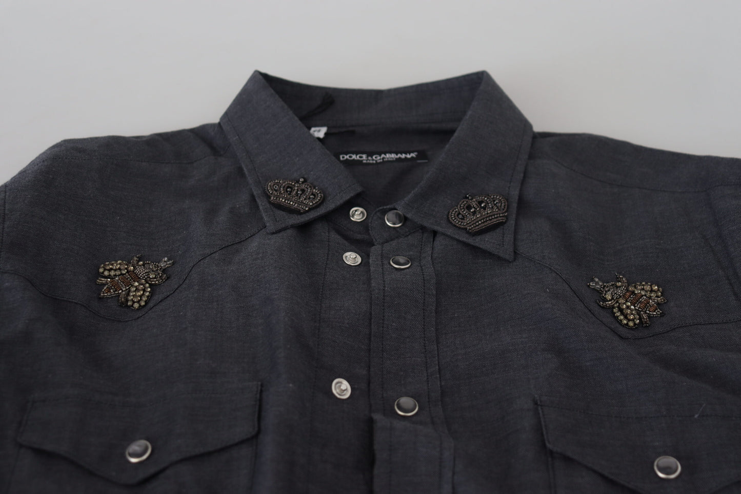 Dolce & Gabbana Blå Bomullsdenimskjorta med Kristallbi