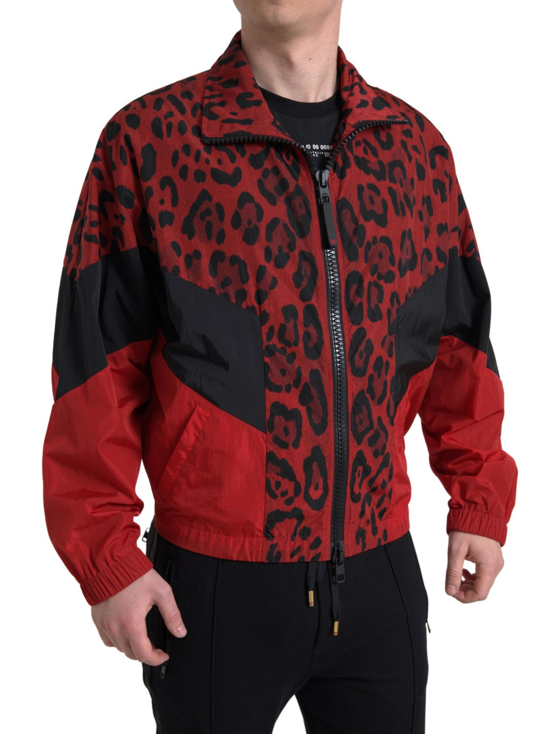 Dolce & Gabbana Rød Leopard Nylon Genser med Hel Glidelås