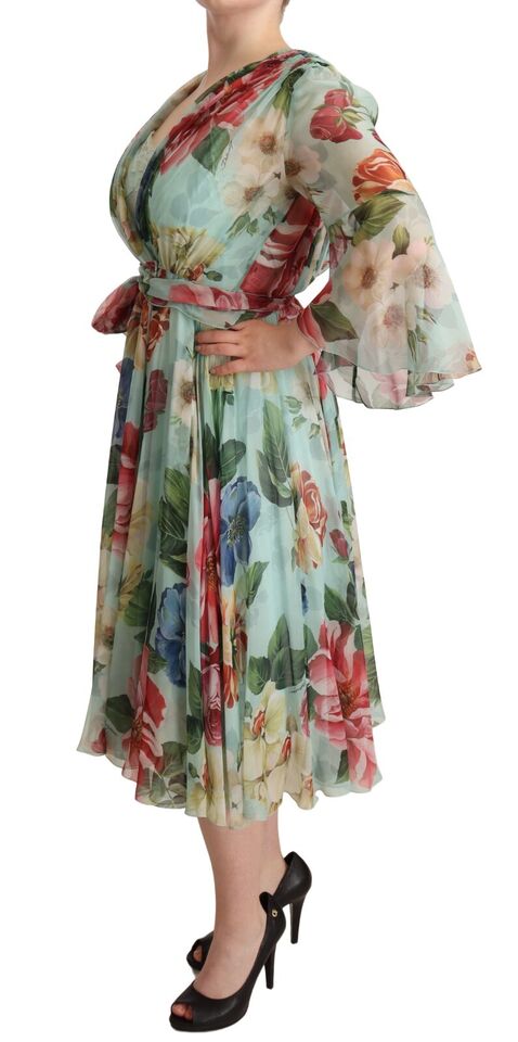 Dolce & Gabbana Flerfärgad Grön Blommig Sidenklänning med Omlottmönster