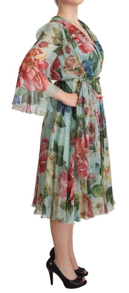 Dolce & Gabbana Flerfärgad Grön Blommig Sidenklänning med Omlottmönster